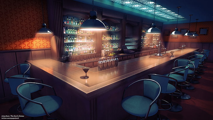طاولة بار خشبية بنية اللون ، زجاج للشرب ، في الداخل ، جوليا شتاين، خلفية HD