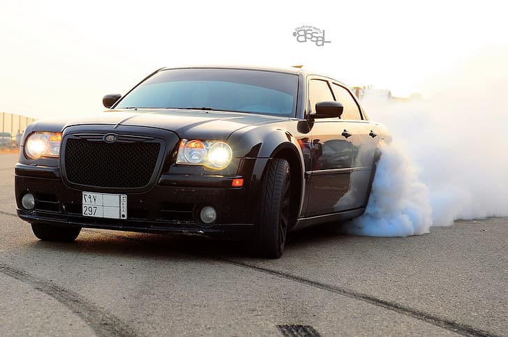 machine, auto, smoke, Chrysler, black, drift, Chrysler 300, HD wallpaper