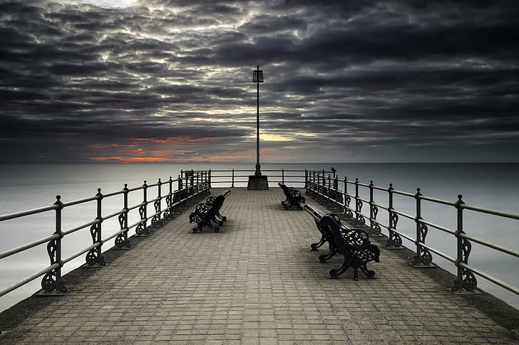 benches on footbridge, swanage, swanage, Sun Up, Swanage, benches, footbridge, andi, com, campbell, jones, dorset, long exposure, morning, new  old, photography, pier, sea, sunset, beach, nature, outdoors, sky, coastline, HD wallpaper