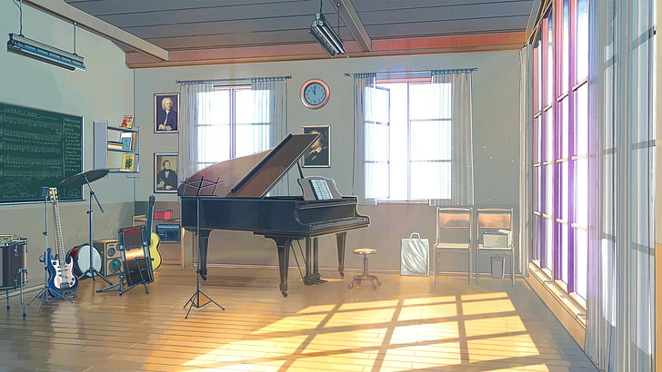 ilustrasi grand piano hitam dan coklat, Musim Panas Abadi, piano, jam, gitar, drum, ArseniXC, sinar matahari, alat musik, Wallpaper HD