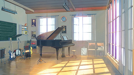 pianoforte nero e marrone illustrazione, Everlasting Summer, pianoforte, orologi, chitarra, batteria, ArseniXC, luce solare, strumento musicale, Sfondo HD HD wallpaper