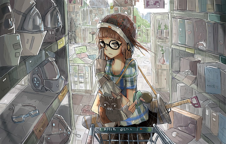 brown haired female anime illustration, anime, original characters, anime girls, glasses, HD wallpaper