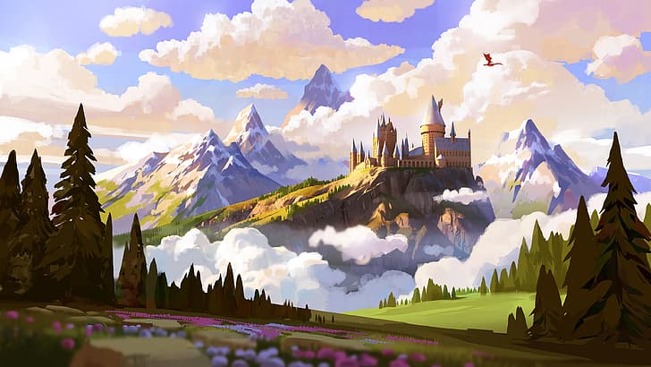 Hogwart, Harry Potter, sztuka cyfrowa, chmury, drzewa, góry, Tapety HD
