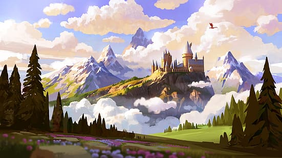Hogwarts, Harry Potter, arte digital, nubes, árboles, montañas, Fondo de pantalla HD HD wallpaper