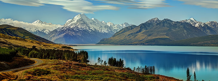 La route du mont Cook le long du lac Pukaki, Alpes de montagne, Océanie, Nouvelle-Zélande, voyage, nature, incroyable, Mount Cook, Fond d'écran HD
