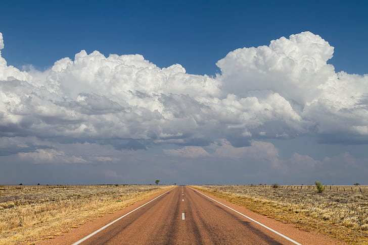 road under cloudy sky during daytime, Driving, Into The Storm, road, sky, daytime, rain  cloud, queensland, australia, landscape, outback, cumulus, canon 7d, nature, highway, rural Scene, travel, HD wallpaper