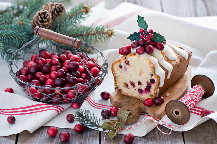 winter, branches, berries, food, spruce, red, tree, basket, Christmas, bumps, muffin, dessert, cakes, holidays, New Year, cupcake, Anna Verdina, cranberry, HD wallpaper