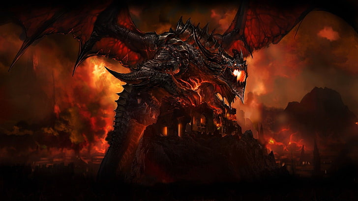kertas dinding naga hitam bermata satu, World of Warcraft: Cataclysm, Deathwing, dragon, Hearthstone: Heroes of Warcraft, World of Warcraft, video game, Wallpaper HD