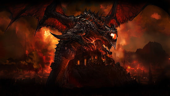 Tapeta graficzna czarnego jednookiego smoka, World of Warcraft: Cataclysm, Deathwing, smok, Hearthstone: Heroes of Warcraft, World of Warcraft, gry wideo, Tapety HD HD wallpaper
