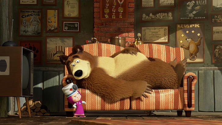 sofa, cartoon, TV, Dr., Masha and the Bear, HD wallpaper