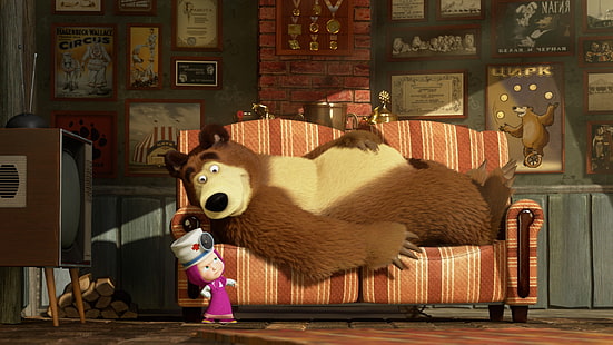 диван, мультфильм, телевизор, доктор, маша и медведь, HD обои HD wallpaper