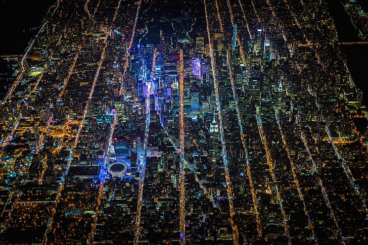 aerial photography of city wallpaper, lights, USA, United States, night, New York, Manhattan, NYC, New York City, height, America, United States of America, HD wallpaper