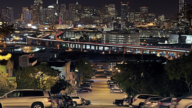 mobil dekat trotoar, lanskap kota, San Francisco, lampu kota, malam, jalan, Wallpaper HD