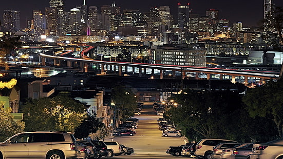 samochody w pobliżu chodnika, pejzaż miejski, San Francisco, światła miasta, noc, ulica, Tapety HD HD wallpaper