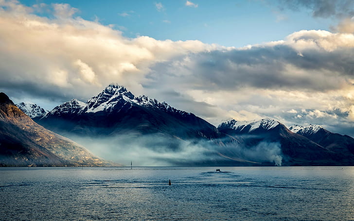 Nya Zeeland, havsbakgrund, Berg, himmel, moln, ladda ner 3840x2400 Nya Zeeland, HD tapet