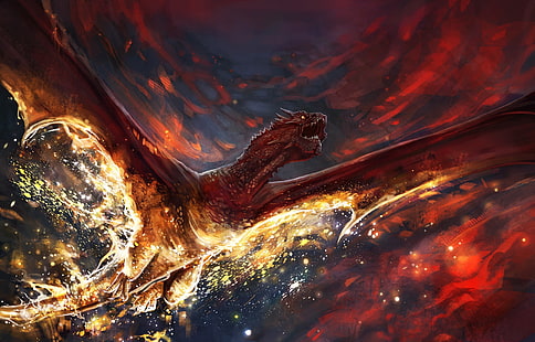 papel de parede dragão marrom, obra de arte, arte da fantasia, arte digital, dragão, fogo, magia, Smaug, O Hobbit: A Desolação de Smaug, HD papel de parede HD wallpaper