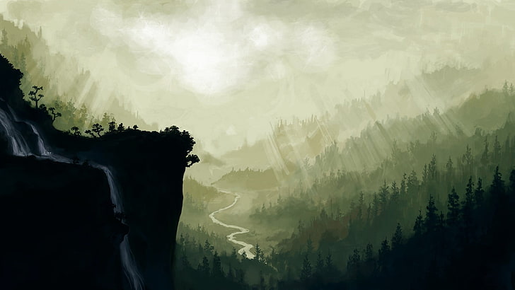 lukisan pohon dan sungai, seni fantasi, pohon, hutan, sungai, Wallpaper HD