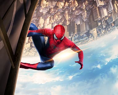  City, USA, Fantasy, Clouds, Sky, Hero, Amazing, Sun, New York, The, Parker, Year, EXCLUSIVE, MARVEL, Spider-Man, Andrew Garfield, Spider-Man 2, Peter, Movie, Film, 2014, Sunlight, Buildings, The Amazing Spider-Man 2, Universal Pictures, Columbia Pictures, Sony Pictures, Towers, Oscrorp Super, Apartments, Upside Down, HD wallpaper HD wallpaper