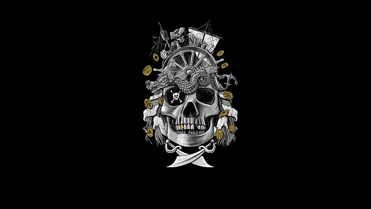 ilustraciones, fondo simple, fondo negro, cráneo, piratas, Fondo de pantalla HD