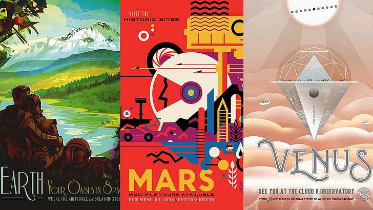 три сборника книг, туристические плакаты, пространство, научная фантастика, космос, НАСА, HD обои