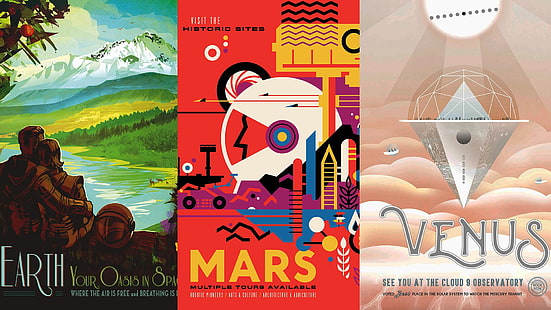 три книги с различни заглавия, туристически плакати, просторът, научна фантастика, космос, НАСА, HD тапет HD wallpaper