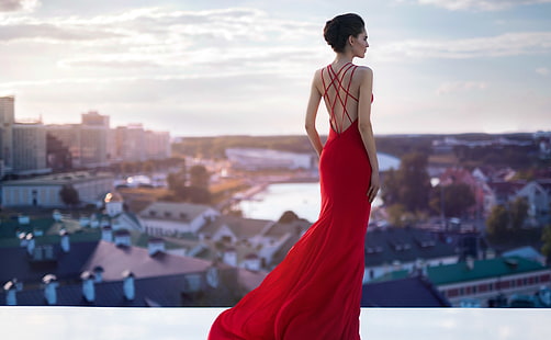 Моден модел в красива червена рокля, момичета, момиче, стил, лято, жена, модел, мода, рокля, облекло, дрехи, преобличане, Unona, HD тапет HD wallpaper