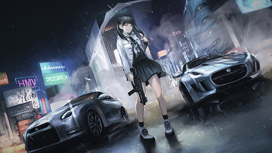anime girls, personnages originaux, parapluie, voiture, Fond d'écran HD HD wallpaper