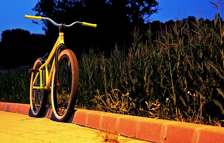 黄色のハードテイル自転車、マウンテンバイク、ダートムアバイク、自転車、トウモロコシ、NSバイク、 HDデスクトップの壁紙
