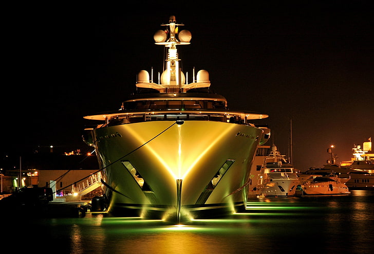 white and brown ship, night, lights, port, yacht, yachts, harbor, evening., superyacht, mega yacht, pelorus, super yacht, HD wallpaper