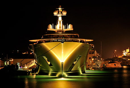 biało-brązowy statek, noc, światła, port, jacht, jachty, port, wieczór., superjacht, mega jacht, pelorus, super jacht, Tapety HD HD wallpaper