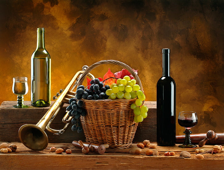 brown wicker basket, wine, red, white, basket, pipe, grapes, nuts, HD wallpaper