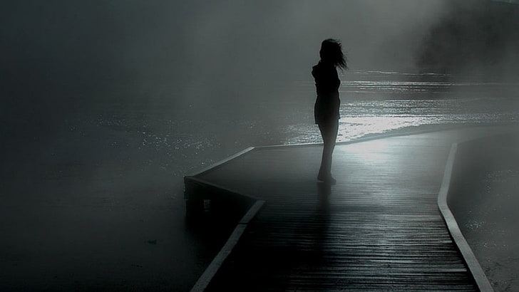person standing on dock, dock, mist, monochrome, silhouette, HD wallpaper