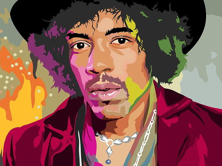 Jimi Hendrix, ilustración de la cara del hombre, música, cantante, hard rock, colorido, rocas, americano, músico, compositor, Fondo de pantalla HD