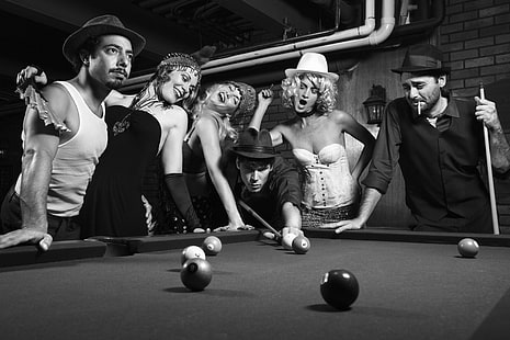 two men's dress shirts, retro, girls, black and white, Billiards, guys, vintage, party, rivalry, pocket billiard, Photo, HD wallpaper HD wallpaper