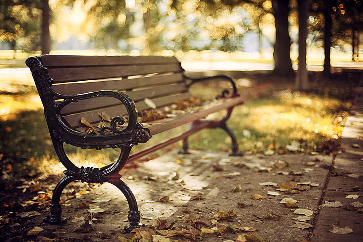 кафява дървена решетъчна пейка, есен, листа, дървета, пейка, природа, парк, магазин, суха, боке, HD тапет