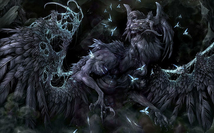 Dragão emplumado, pintura de monstro roxo com asas, fantasia, 2560x1600, pena, dragão, HD papel de parede