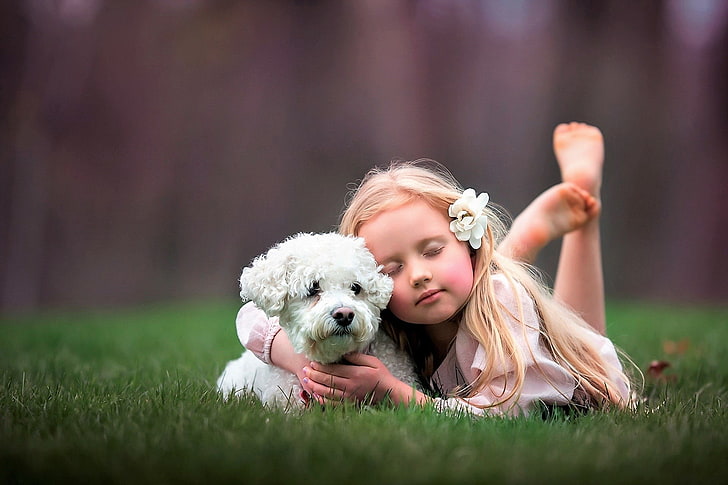 Photography, Child, Cute, Dog, Flower, Girl, Little Girl, HD wallpaper