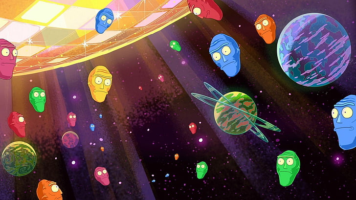 Иллюстрация планеты Рик и Морти, Рик и Морти, плавающие головы, телевизор, HD обои