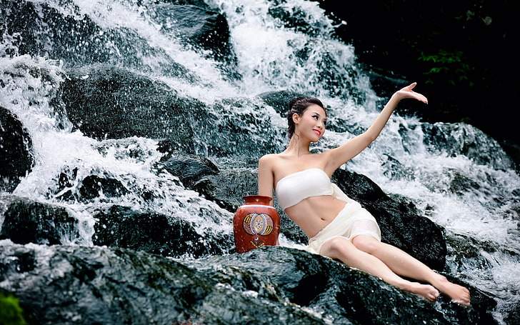 water, women outdoors, Asian, model, women, wet body, HD wallpaper