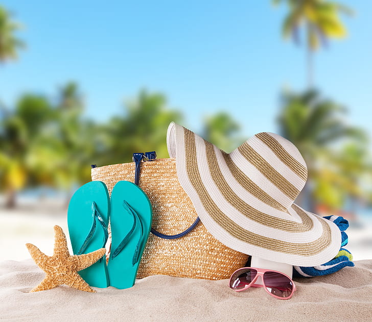 песок, пляж, лето, солнце, отдых, шляпа, очки, сумка, отдых, сланцы, морские звезды, аксессуары, HD обои