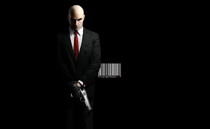 Hitman, men's black suit, Games, Hitman, 47, suit, gun, pistol, guns, blood, hitman absolution, bald, barcode, HD wallpaper