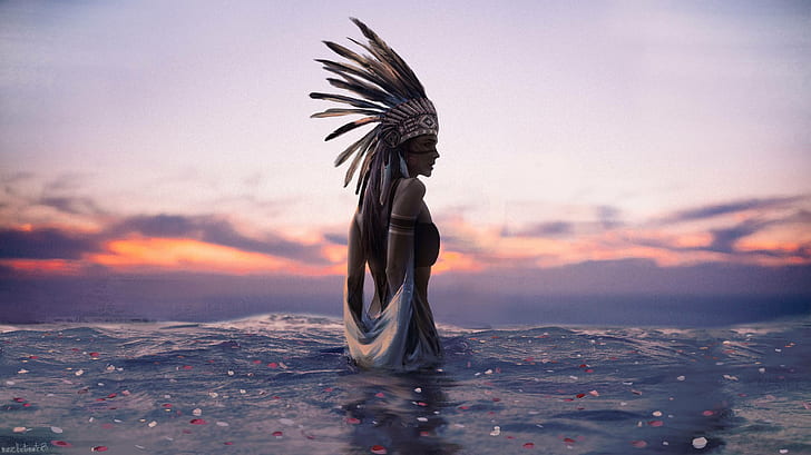 digitale Kunst, Inder, Ureinwohner-Kleidung, Sonnenuntergang, Wasser, Frauen, HD-Hintergrundbild