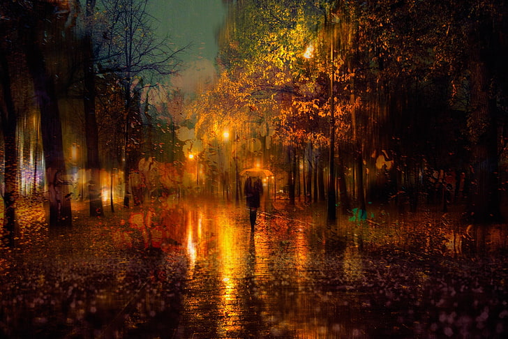 Persona caminando en la calle foto, otoño, niña, la ciudad, luces, paraguas, lluvia, la tarde, San Petersburgo, Rusia, Fondo de pantalla HD