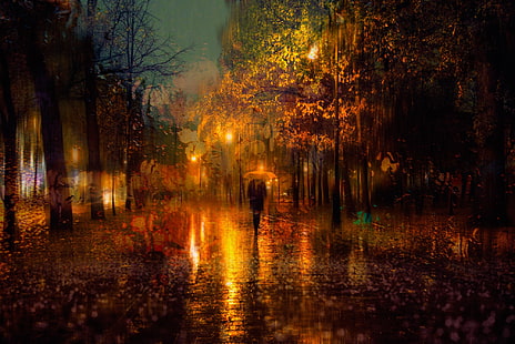 person walking on street photo, autumn, girl, the city, lights, umbrella, rain, the evening, Saint Petersburg, Russia, HD wallpaper HD wallpaper