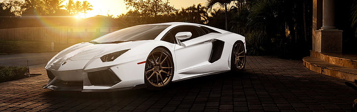 white sport car, Lamborghini Aventador, car, multiple display, dual monitors, HD wallpaper