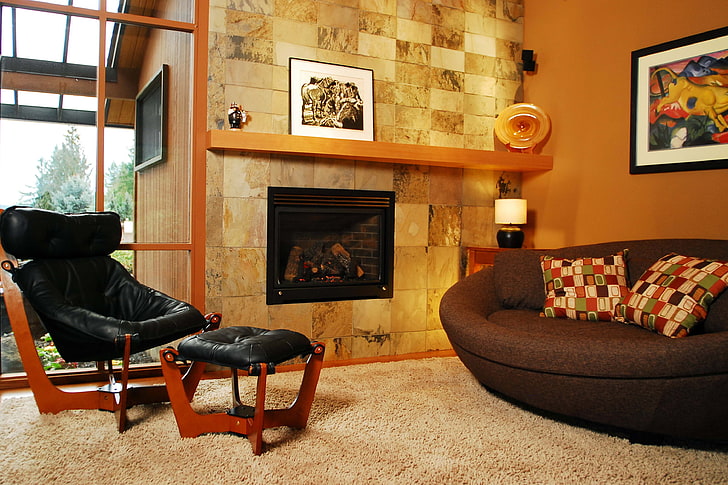 black and brown glider chair, fireplace, example, interior, glass, safety, HD wallpaper