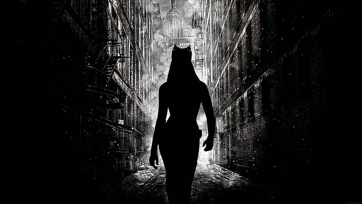 movies, Catwoman, silhouette, Anne Hathaway, Batman, The Dark Knight Rises, Gotham City, HD wallpaper