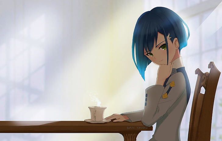 Sayang di franxx, ichigo, rambut biru, kopi, Anime, Wallpaper HD