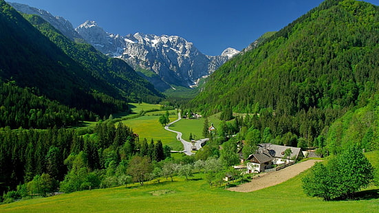 logar valley, solcava, slovenia, europe, mountain range, mountains, valley, landscape, glacial, alps, alpine, blue sky, HD wallpaper HD wallpaper