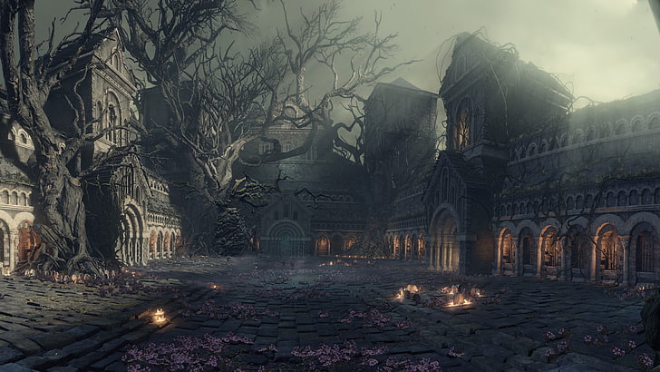 оголени дървета и бетонни сгради дигитален тапет, Dark Souls III, видео игри, проклятие Greattwood, HD тапет